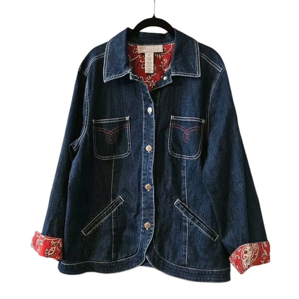 Sag Harbor Sport Woman 16W Denim Blue Jean Jacket Pockets Stitch Detail
